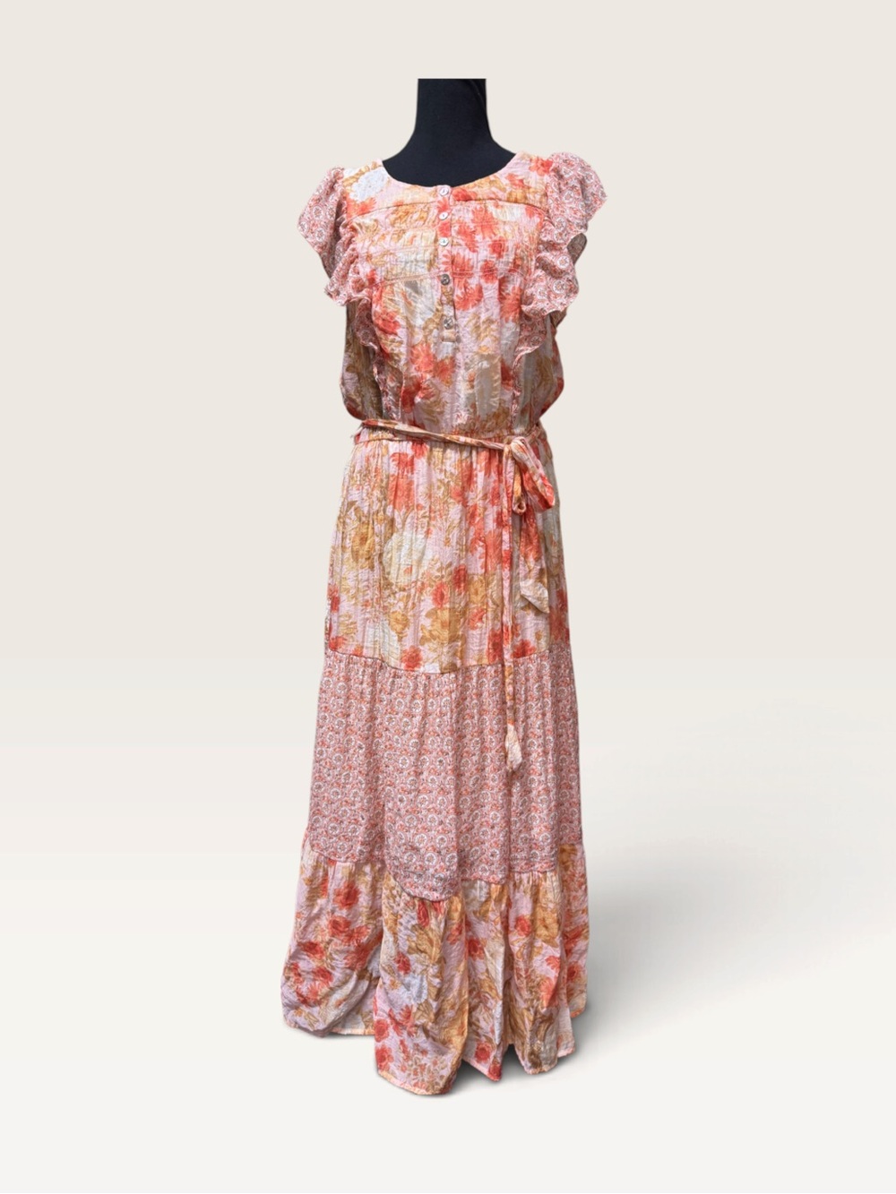 Figueroa & Flower Large Pink Coral Floral Tiered Maxi Dress Tie Waist